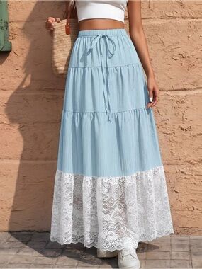 Light Blue Tiered Maxi Skirt with White Lace Trim